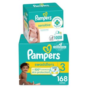 Pampers Swaddlers Disposable Baby Diapers Size 3, 168 Count with Sensitive Water Based Baby Wipes 12 Flip-Top Packs (1008 Wipes Total)