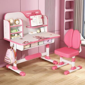 Kids Desk and Chair Set, Study Table and Chair, Desk for Kids, Children’s Desks with Golden Distance Design, Homeschooling Writing Desk with Desktop for Boys and Girls (Pink 3)