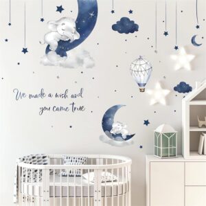 Dream Blue Grey Sleeping Baby Elephant Wall Sticker, sacinora Moon Star Cloud Warm English Phrase Wall Decal Removable Vinyl Peel and Stick for Kid Baby Boy Nursery Bedroom Toddler Room Art Home Decor