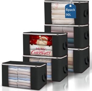 Large Storage Bags, 6 Pack Clothes Storage Bins Foldable Closet Organizers Storage Containers with Durable Handles Thick Fabric for Blanket Comforter Clothing Bedding 90 L (Black)