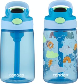 Contigo Kids Water Bottle with Redesigned AUTOSPOUT Straw, 14oz., 2 Pack, Blue Poppy and Periwinkle & Blue Poppy with Periwinkle and Into the Clouds