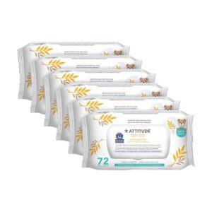 ATTITUDE Baby Wipes, Enriched with Oatmeal, Diaper Wipes for Babies and Newborn, Sensitive and Dry Skin, Dermatologically Tested, Vegan, Unscented, 72 Count (Pack of 6)