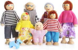 Lovely Happy Family Dolls Playset Wooden Figures Set of 7 People with Dog for Kids Children Toddlers Dollhouse Pretend Gift