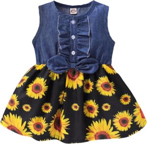 Kucnuzki Toddler Girl Outfits Baby Sunflower Princess Dresses Denim Summer Sleeveless Clothes Jean Tutu Skirts for Girls