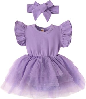 Baby Girl Ruffle Sleeve Romper Dress Infant Jumpsuit Tutu Skirt Set Newborn Princess Tulle Dresses Headband Outfit