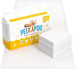 Peekapoo – Disposable Changing Pad Liners (50 Pack) Super Soft, Ultra Absorbent & Waterproof – Covers Any Surface for Mess Free Baby Diaper Changes