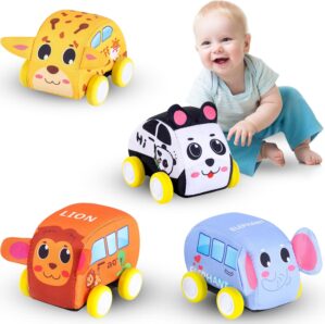 Pull Back Vehicle Set – Soft Baby Toy Set with 4 Cute Animal Cars, First Birthday Gifts for Toddler Toys Age 1-3