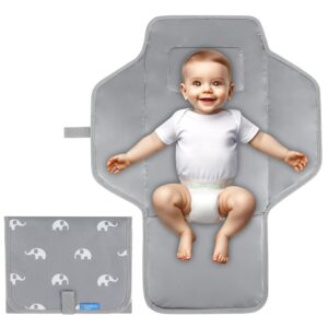 Portable Changing Pad Travel – Waterproof Compact Diaper Changing Mat with Built-in Pillow – Lightweight & Foldable Changing Station(Cute Elephant)