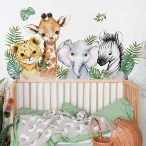 52.51×23.62 Inch Watercolor Jungle Animal Wall Decals Safari Forest Animal Wall Sticker Elephant Lion Monkey Wall Decals for Baby Nursery Playroom Bedroom Classroom Kindergarten Wall Decor