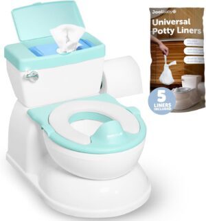 Real Feel 2-in-1 Potty with Wipes Storage, Flushing Sounds & Disposable Liners – Realistic Toilet – Easy to Clean & Assemble – Jool Baby (Aqua)