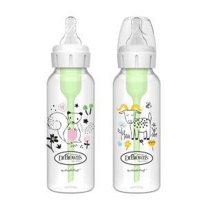 Dr. Brown’s Natural Flow Anti-Colic Options+ Narrow Baby Bottle, Squirrel & Goat, 8 oz/250 mL, with Level 1 Slow Flow Nipple, BPA Free, 0m+, 2-Pack