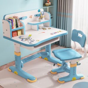 Kids Desk and Chair Set, Study Table and Chair, Desk for Kids, Children’s Desks with Golden Distance Design, Homeschooling Writing Desk with Desktop for Boys and Girls (Blue 1)
