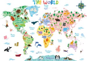 DECOWALL BS-1615S Animal World Map Kids Wall Decals Wall Stickers Peel and Stick Removable Wall Stickers for Kids Nursery Bedroom Living Room (Large)