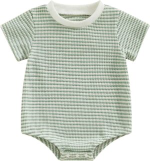 VISGOGO Unisex Baby Boy Girl Striped Romper Waffle Short Sleeve Bubble Oversized Romper Bodysuit Summer Onesie Clothes