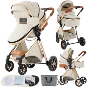 2 in 1 Baby Stroller with Bassinet Convertible Reversible Standard Baby Pram Portable Pushchair Infant Buggy Baby Carriage Foldable High Landscape Pram for Toddler Newborn (2USV9-WHITE)