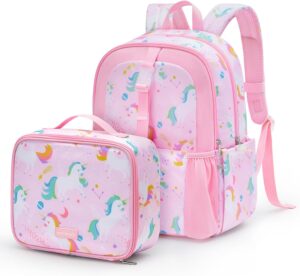 mommore Kids Backpack Set with Lunch Box, Lightweight Preschool Backpack for Girls, Water Resistance Elementary Student Bookbag for Kindergarten or Daycare