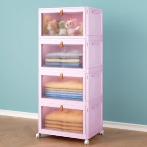 4 Tier Stackable Plastic Storage Bins with Lid and Wheels – 23 QT Closet Organizers and Storage, Foldable Storage Containers, Organization and Storage Boxes for Craft, Home, Pantry, Dorm,Pink