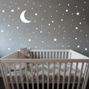 Moon, Stars Kids Wall Decoration, Nursery Wall Decal, Wall Decal for Nursery, Vinyl Wall Stickers for Children Baby Kids Boys Girls Bedroom YMX08 (White)