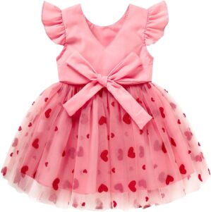 Baby Girl Valentine Dress Sleeveless Heart Tulle Tutu Skirt Holiday One-Piece Sundress (Deep Pink, 18-24M)