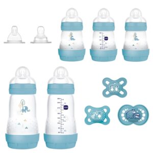 MAM Newborn Essentials “Baby Essentials” Matte Gift Set (10-Piece), Easy Start Anti-Colic Baby Bottles, Baby Boy Pacifiers
