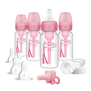 Dr. Brown’s Anti-Colic Baby Feeding Set with Slow Flow Nipples, Travel Caps, Silicone Pacifier – Pink