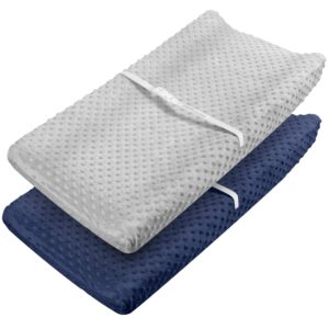 Babebay Changing Pad Cover – Ultra Soft Minky Dots Plush Changing Table Covers Breathable Changing Table Sheets Wipeable Changing Pad Covers Suit for Baby Boys and Girls (Lt Grey & Navy Blue)
