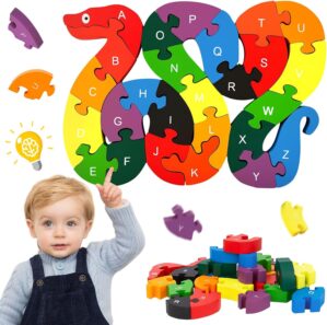 LOVESTOWN Alphabet Jigsaw Puzzle, Building Blocks Animal Wooden Puzzle, Wooden Snake Letters Numbers Block Toys for Kids Birthday Gifts