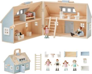 Olivia’s Little World Wooden Quaint Little Cottage Dollhouse + Accessories for 3.5″ Dolls, Multi