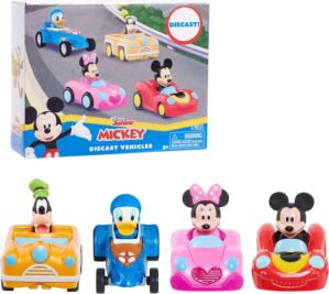 Disney Junior Mickey Mouse Diecast Vehicles, 4-piece Set, 3-inch long Metal Cars, Pretend Play, Kids Toys for Ages 3 Up by Just Play