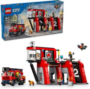 LEGO City Fire Station with Fire Truck Toy – Kids Toy Building Sets with 2 Fire Truck Attachments – Gifts for Boys & Girls Ages 6+ – Pretend Play Set with 5 Minifigures – 60414