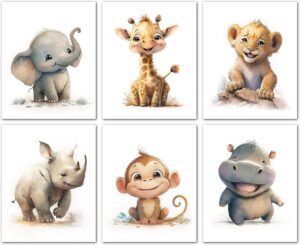 Lavema Happy Safari Animal Nursery Wall Art Decor Set – Posters (8 x 10 Unframed) – Kids Baby Room Decor Neutral Prints Boy Girl Canvas – Jungle Animals Set