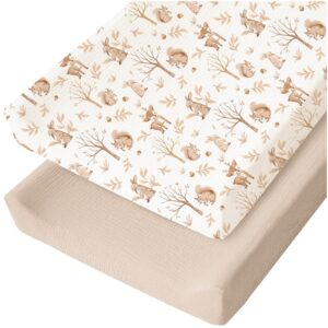 Konssy 2 Pack Muslin Changing Pad Cover for Baby Girls Boys 100% Cotton Fitted Diaper Changing Table Cover Set, Soft Changing Pad Sheets (Fall Forest,Wheat)