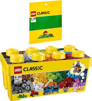 Lego Classic Set of 2 10696 & 10700 Building Blocks Box + Green Base Plate – Creative Construction Toy for Children, Promotes Fine Motor Skills and Imagination, Ideal for Construction Projects and