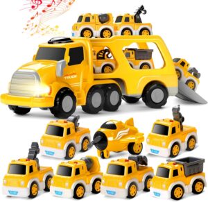 8 in 1 Fire Truck Toy Cars for Kids, Carrier Truck for 3 4 5 6 Years Old Boys Girls Toddlers, Pull Back Cars Set with Music & Light, Birthday Presents for Kids, (Yellow)
