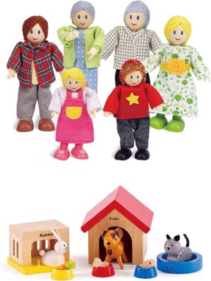 Hape Happy Family Dollhouse with Pet Set Award Winning Doll Family Set, Unique Accessory for Kid’s Wooden Dolls House, Imaginative Play Toy, 6 Family Figures, Adults 4.3″ and Kids 3.5″
