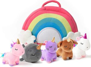 PixieCrush Unicorn Stuffed Animal Set – 5 Plush Toys Includes Narwhal, Puppycorn, Kittycorn, Rainbow and Pink Unicorn – Soft Colorful Plushies with Rainbow Carry Case – Gift for Girls Ages 3 and Up