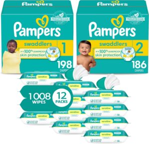 Pampers Baby Diapers and Wipes Starter Kit, Swaddlers Disposable Sizes 1 (198 Count) & 2 (186 Count) with Sensitive Water Based 12X Multi Pack Pop-Top Refill (1008 Count)