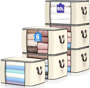 90 L Large Storage Bags, 6 Pack Clothes Storage Bins Foldable Closet Organizers Storage Containers with Reinforced Handle for Clothing, Blanket, Comforters, Bed Sheets, Pillows and Toys (Beige)