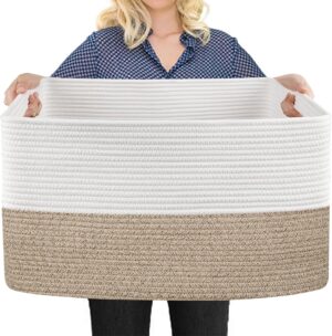Extra Large Cotton Rope Basket, 23.6″ x 15.7″ x 14.1″ Rectangle Blanket Basket Living Room, Wicker Woven Throw Blanket Pillow Storage Basket, Soft Kids Dog Toy Basket Storage Bins Organizer