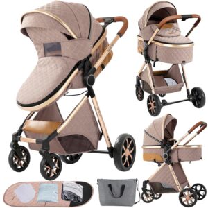 2 in 1 Baby Stroller with Bassinet Convertible Reversible Standard Baby Pram Portable Pushchair Infant Buggy Baby Carriage Foldable High Landscape Pram for Toddler Newborn (2USV9-KHAKI)
