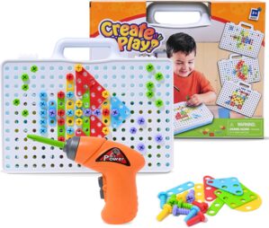 Drill & Play Building Toy Set Creative Educational with Real Toy Drill – STEM Construction Game Mosaic Design Building Toys Tool Kit for Kids and Toddlers