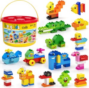 burgkidz Educational Toy Classic Big Size Bricks Building Blocks, Large Compatible Animal Building Bricks with Reusable Storage Bucket Gift for Boy Girl Ages 3+