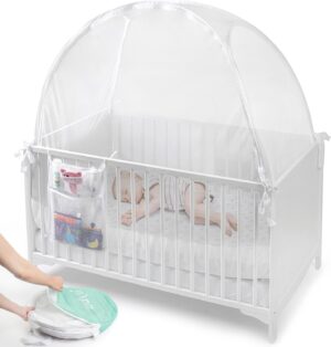 Baby Crib Tent to Keep Baby from Climbing Out – See Through Mesh Crib Net – Pop Up Crib Tents for Toddlers Bed Secure, Safe & Breathable, Premium Baby Crib Canopy – Transparent White