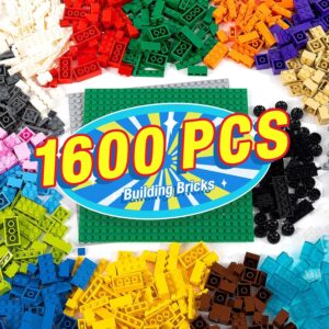 1600 Pieces Building Bricks, Building Bulk Block with 2 Packs 24×24 Studs Sticky Plate and 46PCS Wheel Accessory – 100% Compatible with Lego Bricks, Birthday Gfit for Kid – 18 Shape/16 Color
