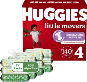 Huggies Little Movers Diapers & Wipes Bundle: Huggies Little Movers Size 4 Baby Diaper, 140ct & Huggies Natural Care Sensitive Wipes, Unscented, 12 Packs (768 Wipes Total) (Packaging May Vary)