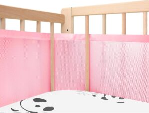 Upgraded Breathable Mesh Crib Liner, More Straps for Fixing Crib Mesh Line, Covers 4 or 3 Sides Baby Bed, 3mm Breathable Mesh Ensures Easy Breathing, Pink