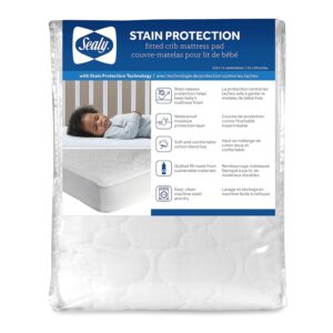Sealy Baby Stain Protection Fitted Waterproof Infant Crib Mattress Protector Pad and Toddler Bed Cover, Durable and Comfortable Topper, Machine Washable and Dryer Friendly, 52” x 28”- White