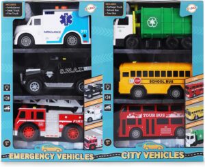 Toy Cars for Toddlers – 6Pcs Pull Back Cars Toys with Light and Sounds, City and emergency vehicles set, Including Police Car, Fire Truck, Ambulance, School bus, Tour Bus, Garbage Truck