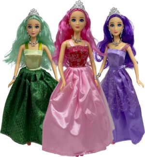 Princess Doll Set for Girls, 3 Little Dolls for Dollhouse | 11.5” Princess Dolls for 3-12 Year Old Girls | Princess Toy Dolls with Pretty Mermaid Hair, (Caucasian)