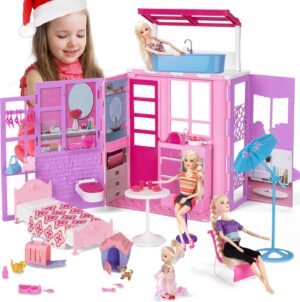Foldable Doll House for 12” Dolls, 2-Story Dollhouse W/Loft,Pets Rooms, 40+ Pcs Dollhouse Furnitures & Accessories, Space Saving Playhouse Birthday Xmas Toys Gifts for Girls 3 4 5 6 7 8+